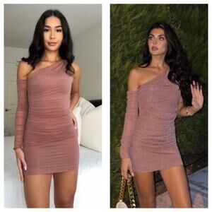 Zara Fitted Asymmetric Draped Organza Dress Medium One Sleeve Ruched Cocktail